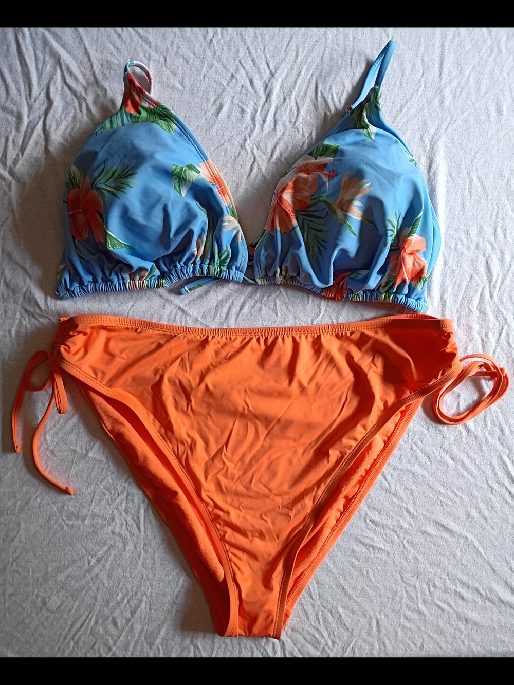 3X/2X Tropical Floral Triangle Bikini Set - Blue & Bright Orange